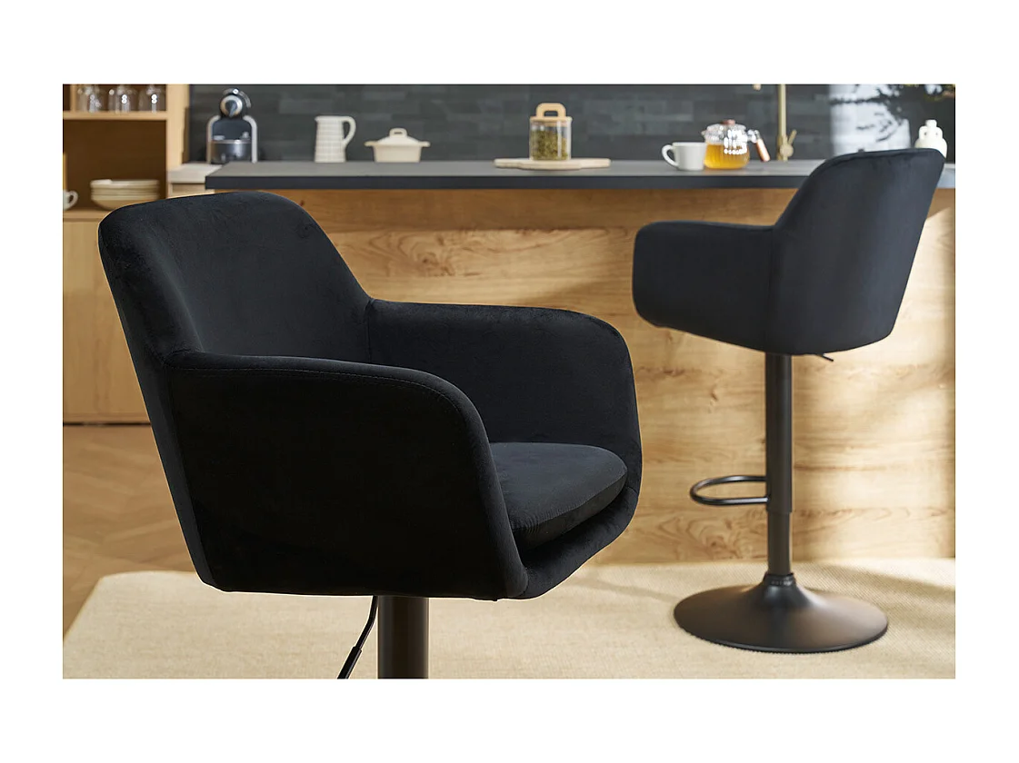Sgabelli da bar regolabili in velluto nero e metallo nero (set di 2) AMIKA