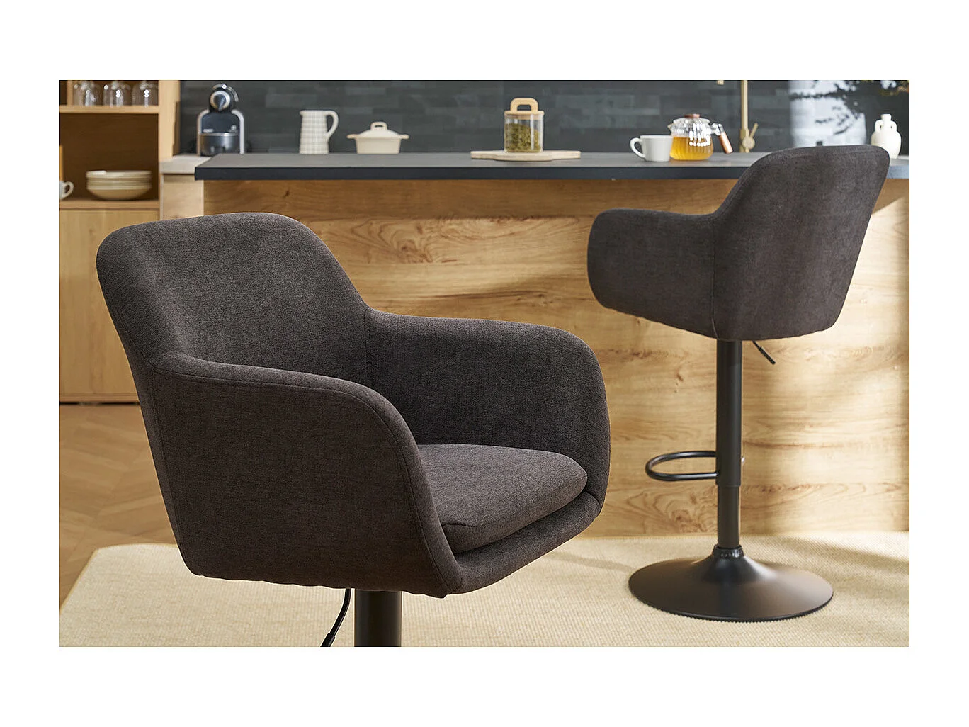 Tabourets de bar réglables tissu effet velours gris foncé et métal (lot de 2) AMIKA