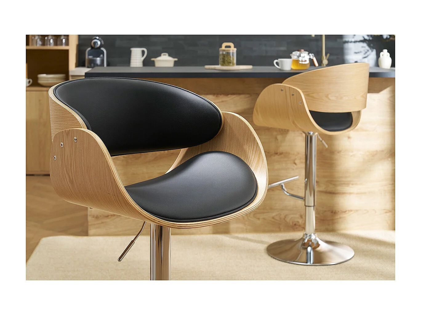 Tabouret de bar design réglable noir et bois clair BENT