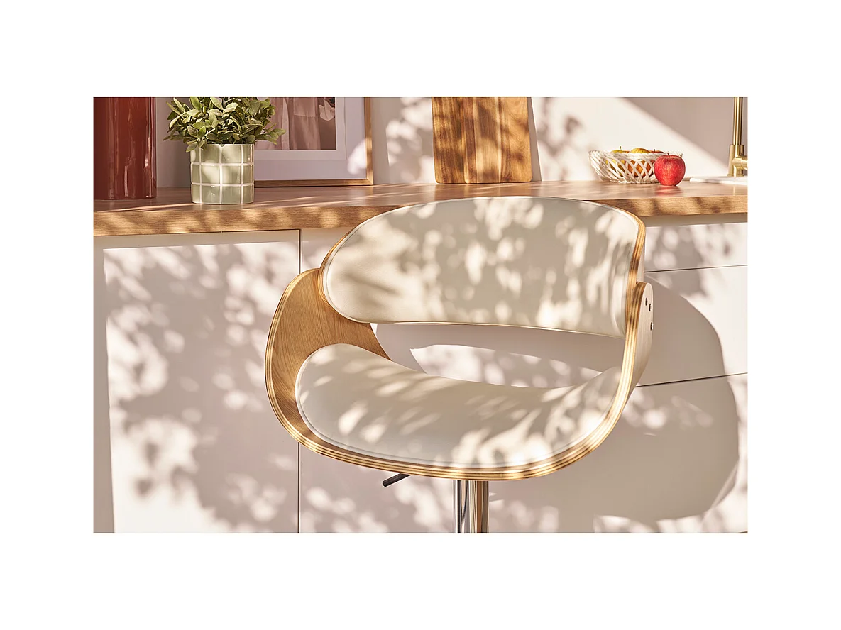 Tabouret de bar design réglable blanc et bois clair BENT