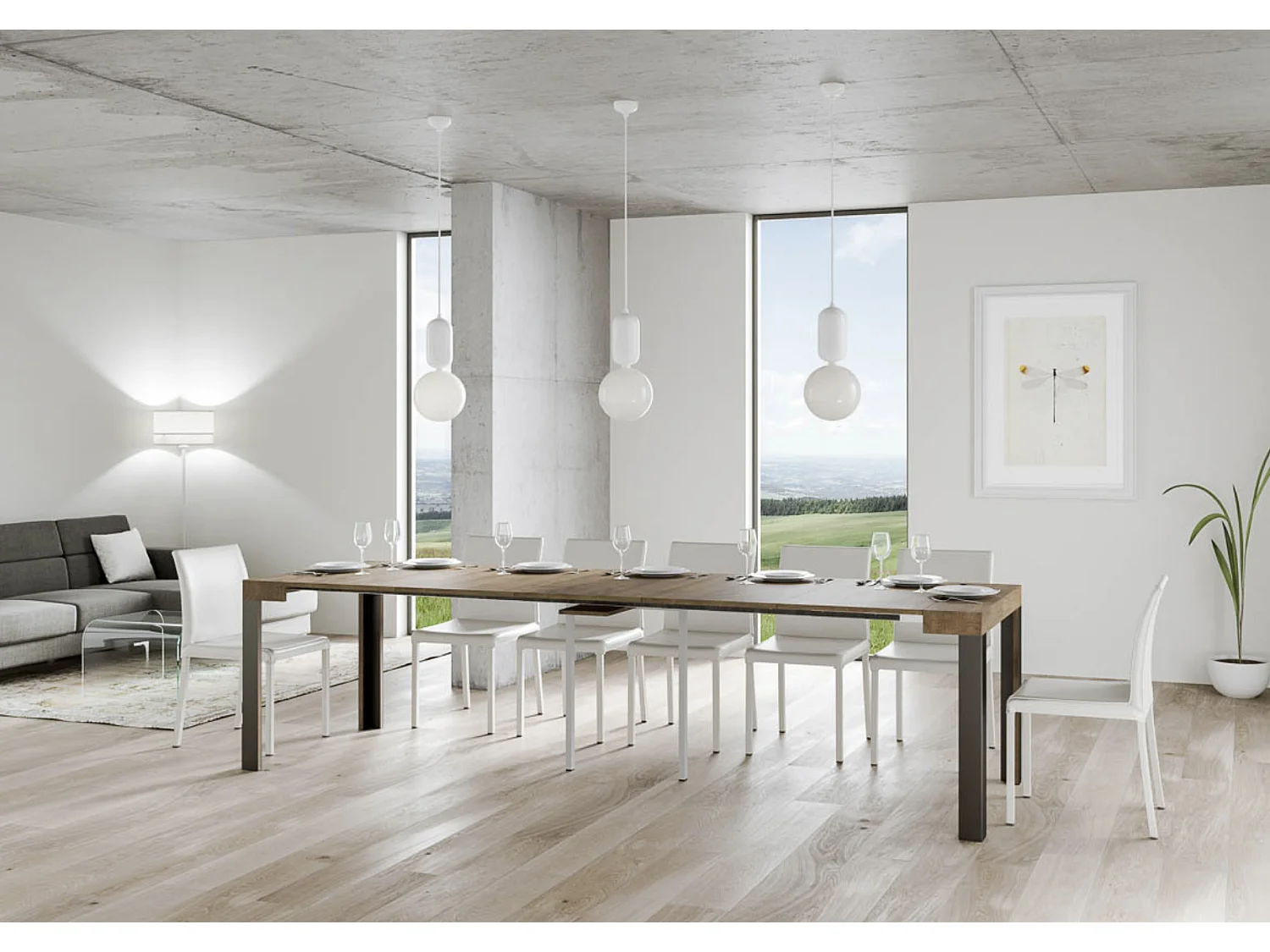 Consola extensible de madera con 4 patas de madera y acero antracita Liva-Color Marrón-Base y soporte con ruedas-Alargaderas 5 extensiones