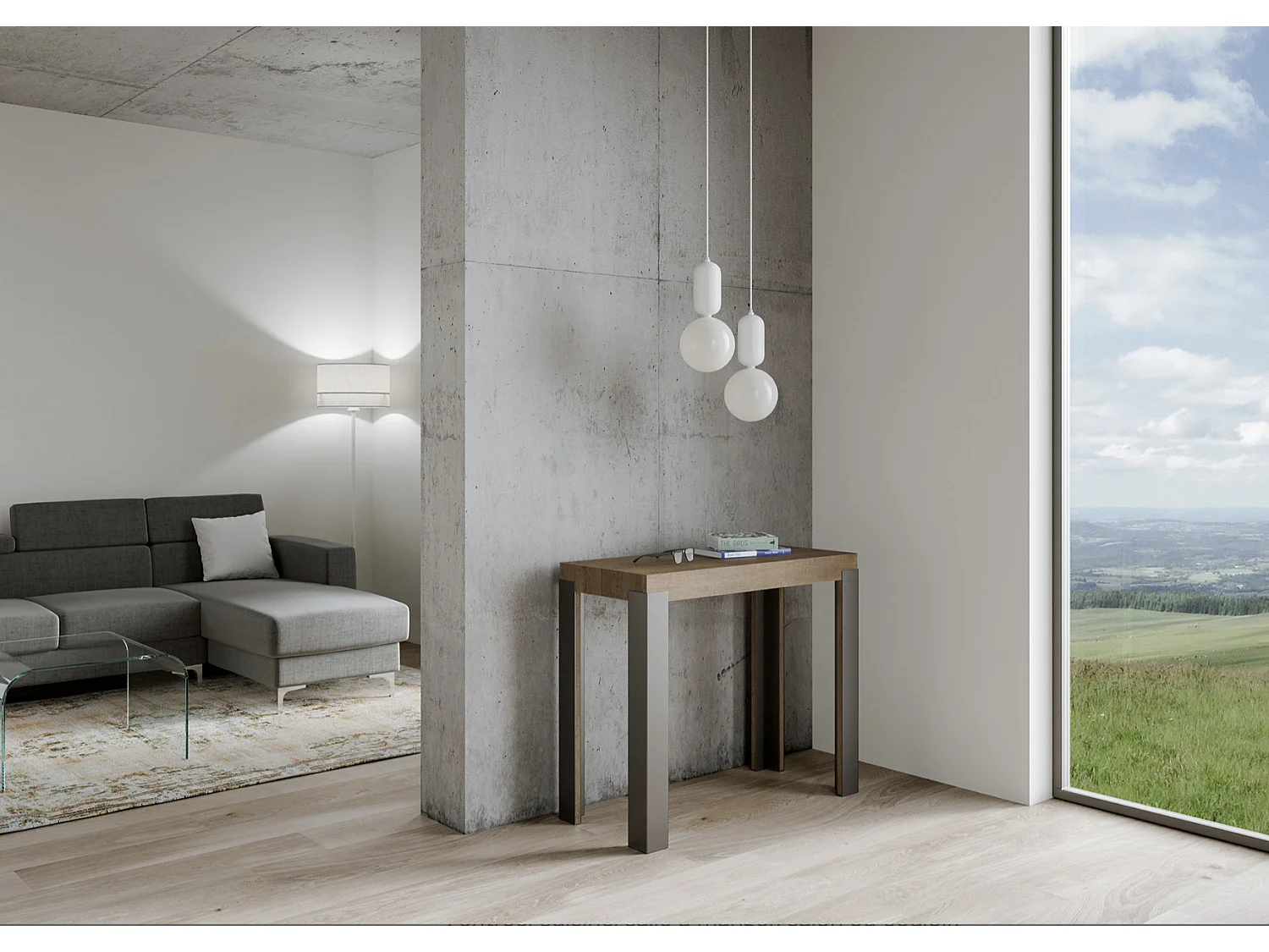 Consola extensible de madera con 4 patas de madera y acero antracita Liva-Color Marrón-Base y soporte con ruedas-Alargaderas 5 extensiones