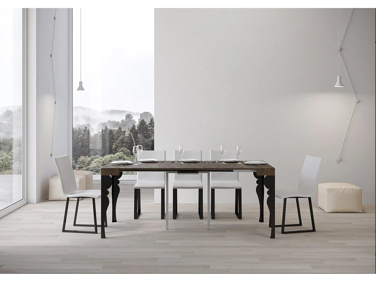 Uitschuifbare console in oosterse stijl Torza-Kleur Bruin-Voet en steun op zwenkwielen-Verlengsnoeren 5 dunne verlengingen