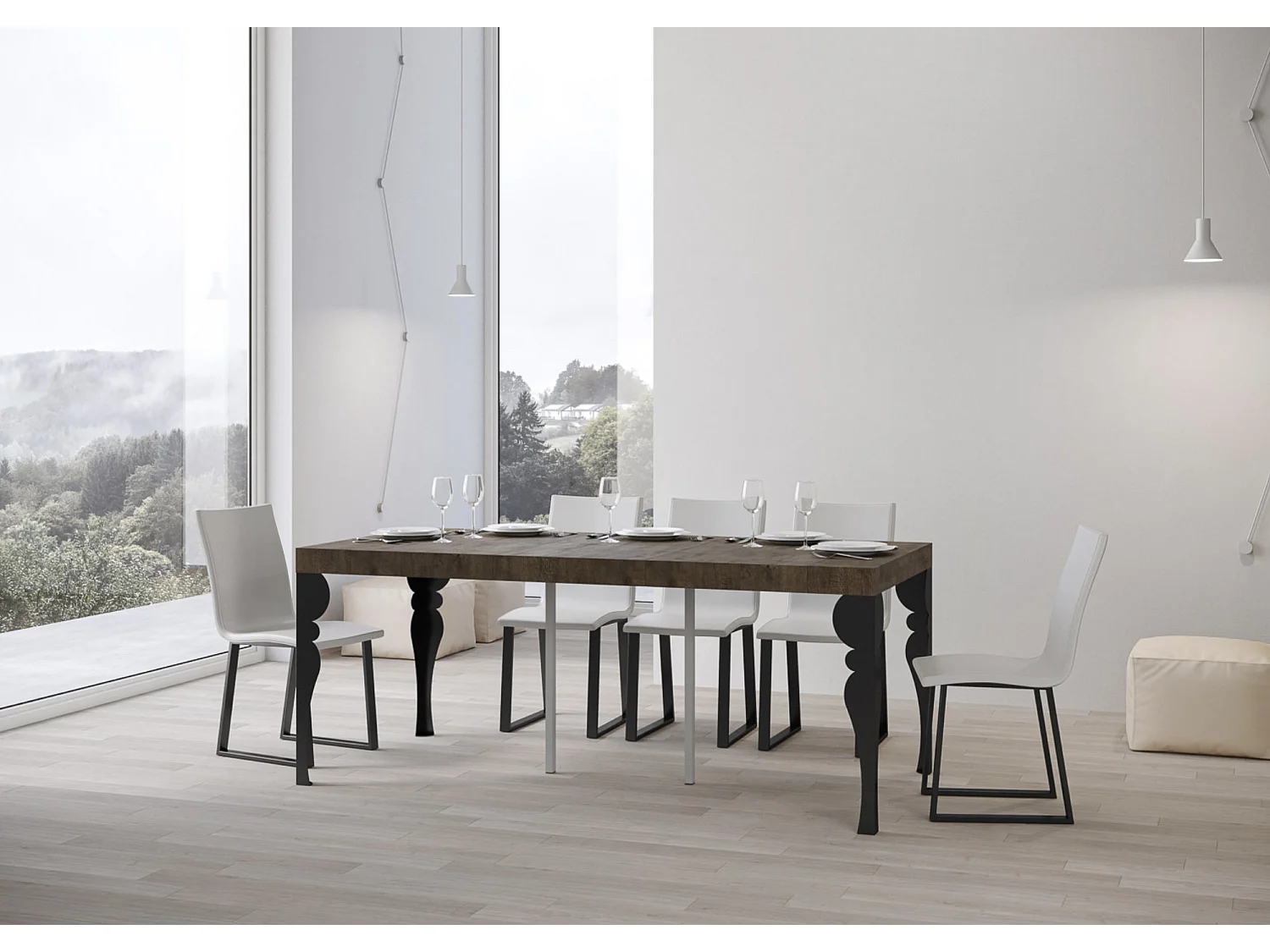 Console extensible style oriental Torza-Couleur Marron-4 pieds-5 rallonges épaisses