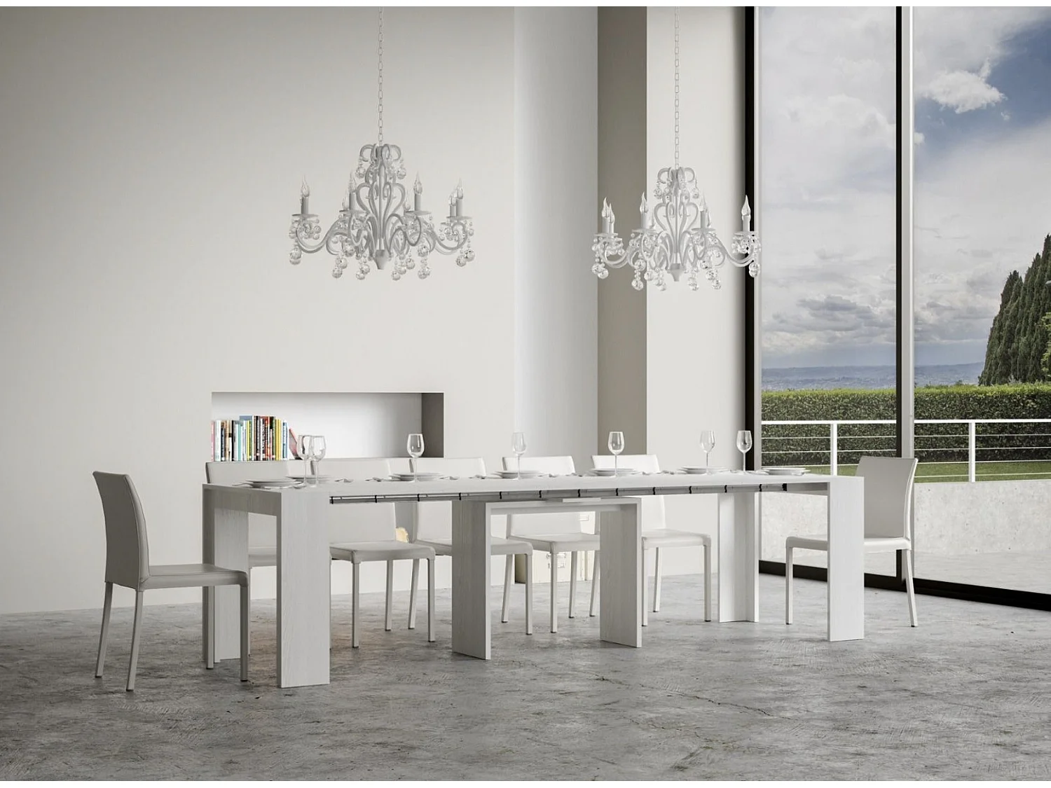 Console extensible en bois Mila-Couleur Blanc-Sur roulettes-5 rallonges