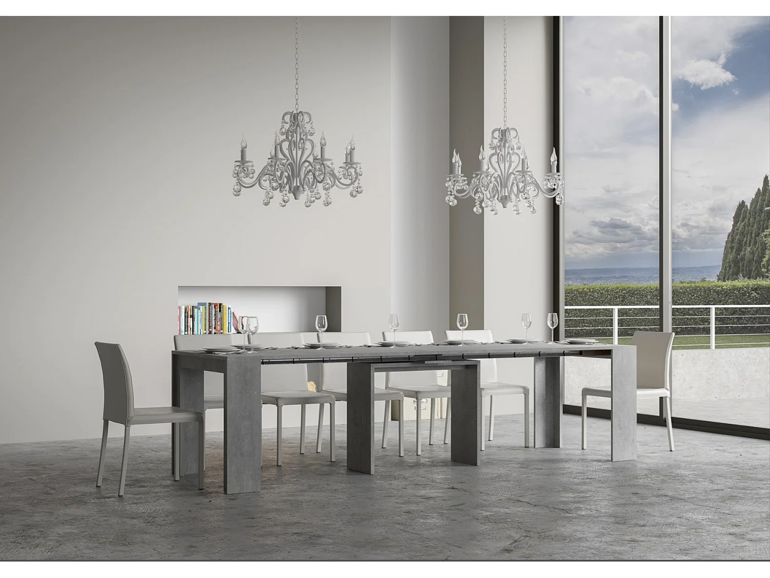 Console extensible en bois Mila-Couleur Blanc-Sur roulettes-5 rallonges