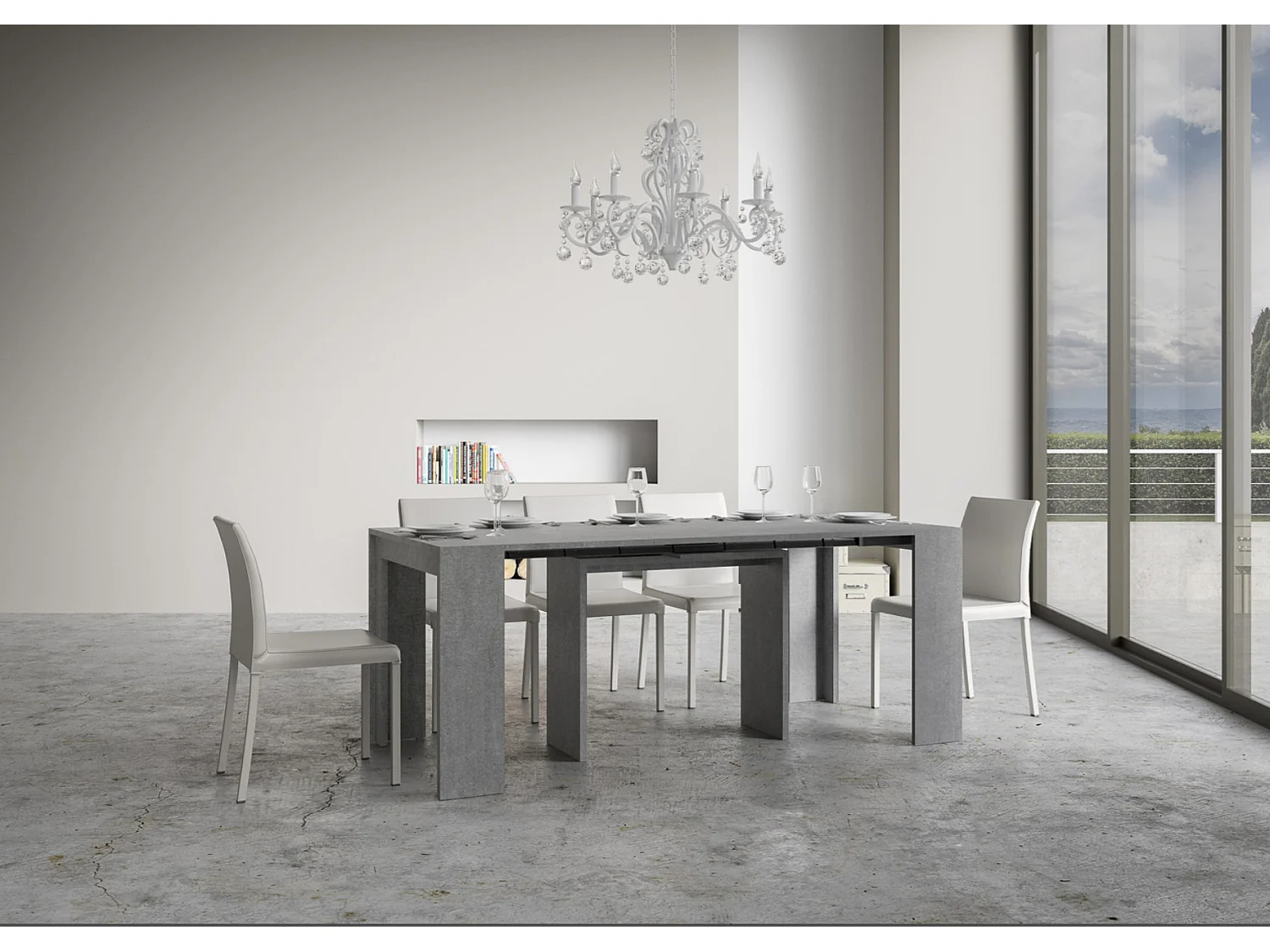 Console extensible en bois Mila-Couleur Blanc-Sur roulettes-5 rallonges