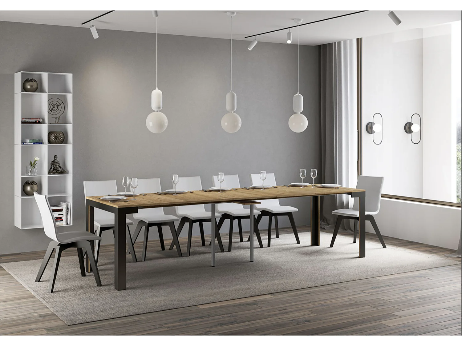 Console extensible bois pieds bois et acier anthracite Liva evolution-Couleur Naturel-Sur roulettes-5 rallonges