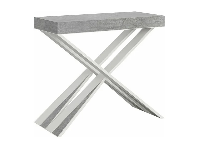 Console extensible bois pieds croisés blanc Diago-Couleur Gris ciment-Sur roulettes-3 rallonges fines