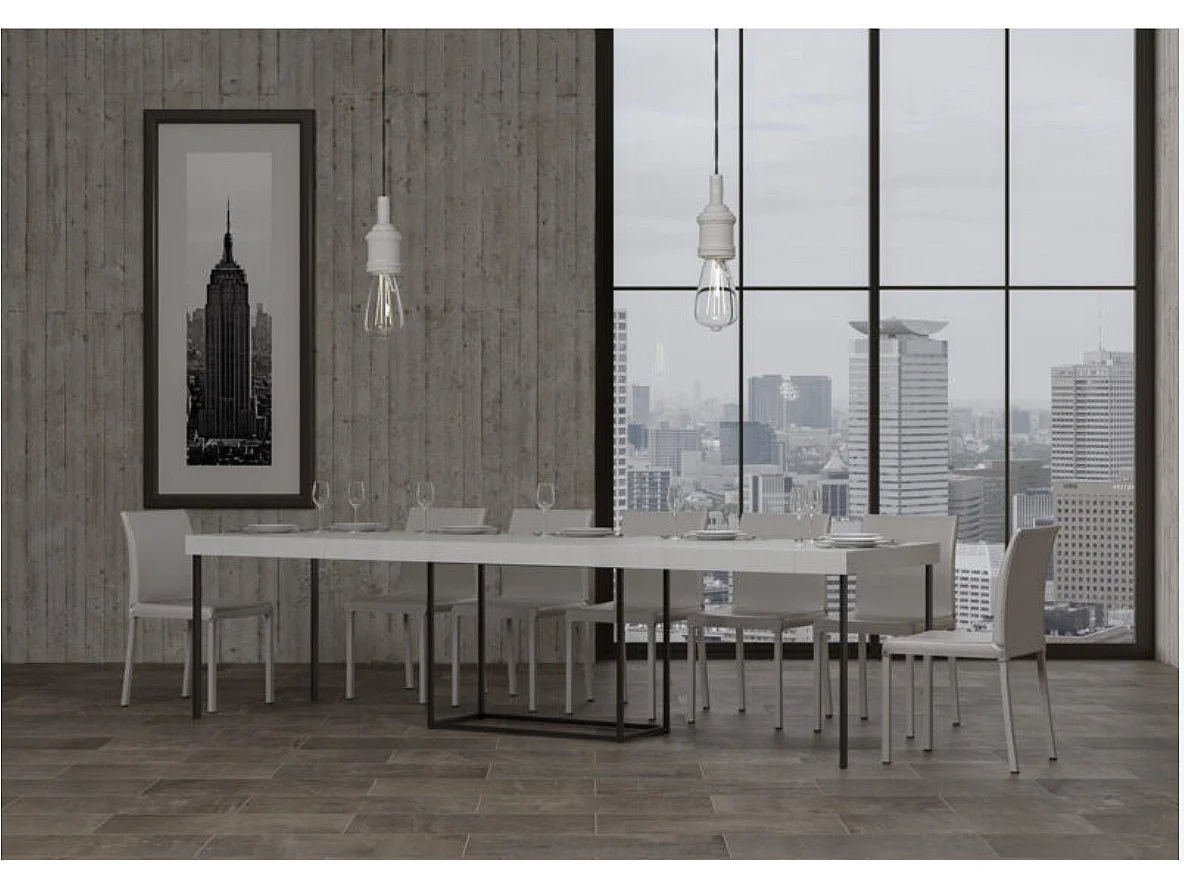 Uitschuifbare console hout en staal 90x40/196 of 90x40/300 cm Noro-Kleur Wit-Verlengsnoeren 5 dikke extensies