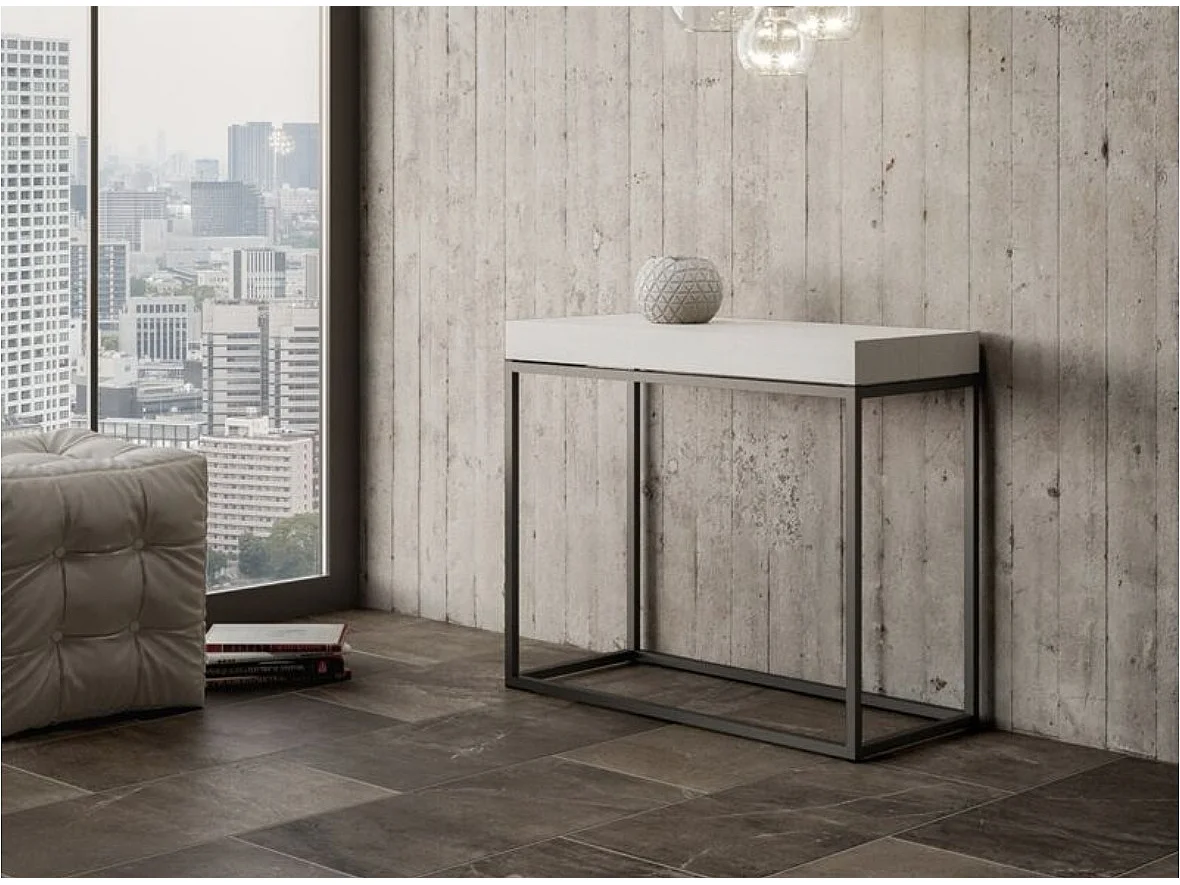 Console extensible bois et acier Noro-Couleur Blanc-5 rallonges épaisses