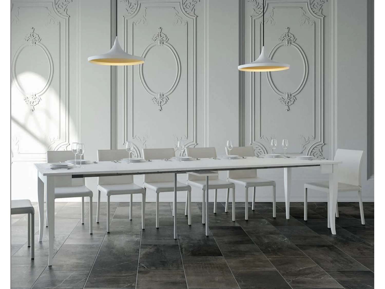 Console extensible classique en bois Kamila-Couleur Blanc-Sur roulettes-5 rallonges