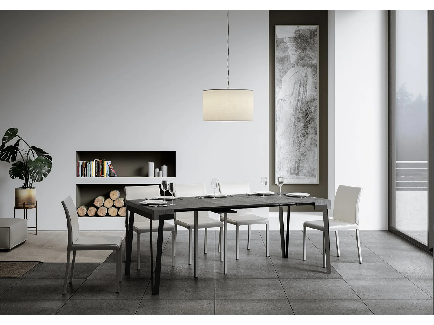 Console extensible design bois et acier anthracite Konta-Couleur Gris ciment-Sur roulettes-5 rallonges fines