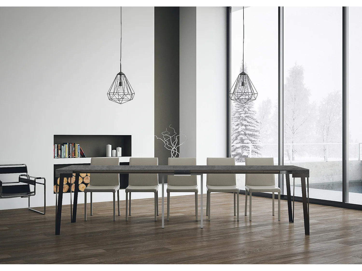 Console extensible design bois et acier anthracite Konta-Couleur Gris ciment-Sur roulettes-5 rallonges fines