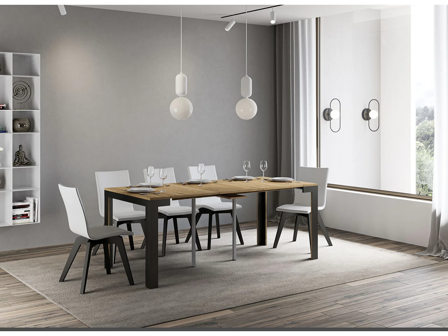 Console extensible bois pieds bois et acier anthracite Liva evolution-Couleur Gris ciment-Sur roulettes-3 rallonges