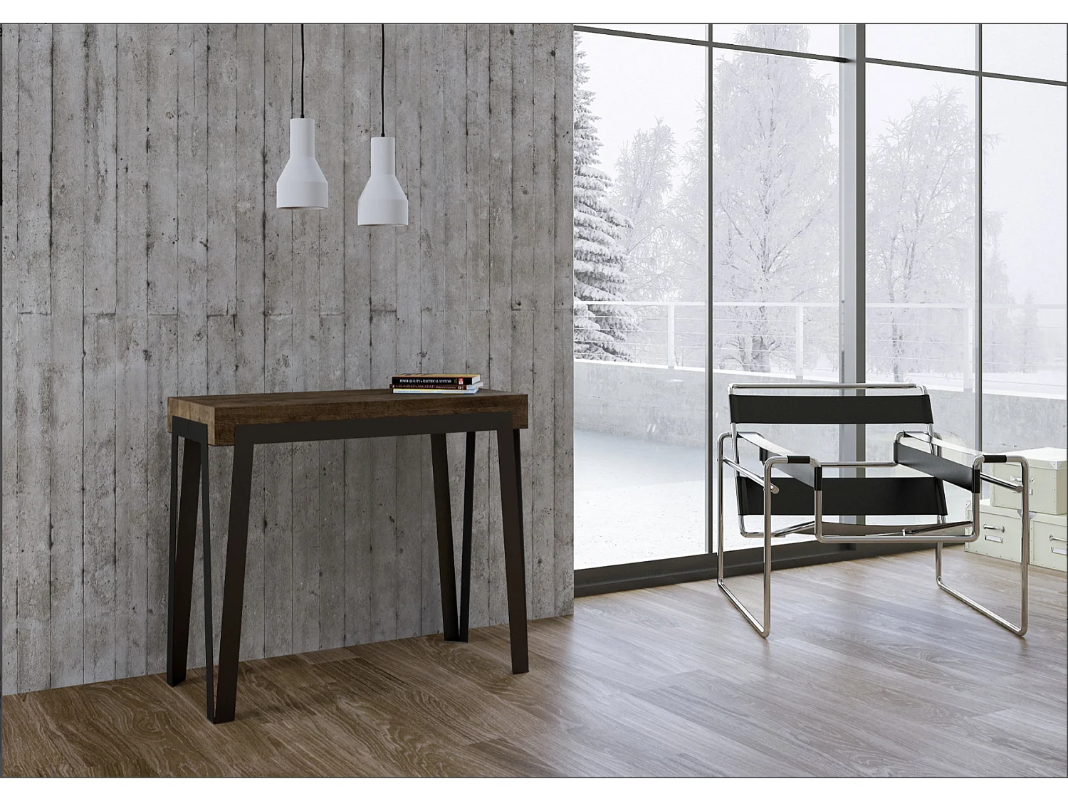 Konta uitschuifbare console design in hout en antraciet staal 90x40/196 of 90x40/300 cm-Kleur Bruin-Voet en steun op zwenkwielen-Verlengsnoeren 3 dunne verlengingen