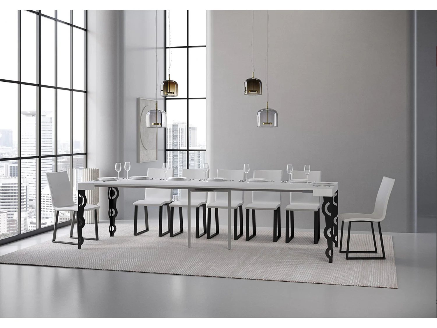 Console extensible style oriental Agadir-Couleur Blanc-4 pieds-5 rallonges fines