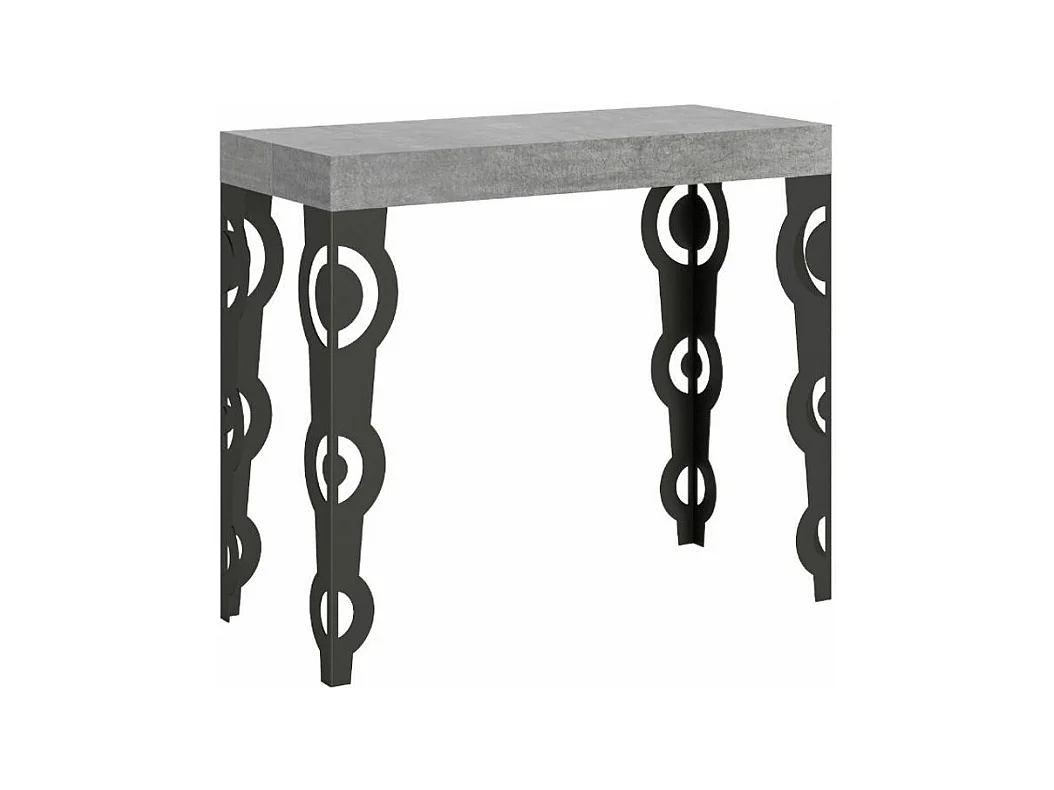 Console extensible style oriental Agadir-Couleur Gris ciment-4 pieds-5 rallonges épaisses
