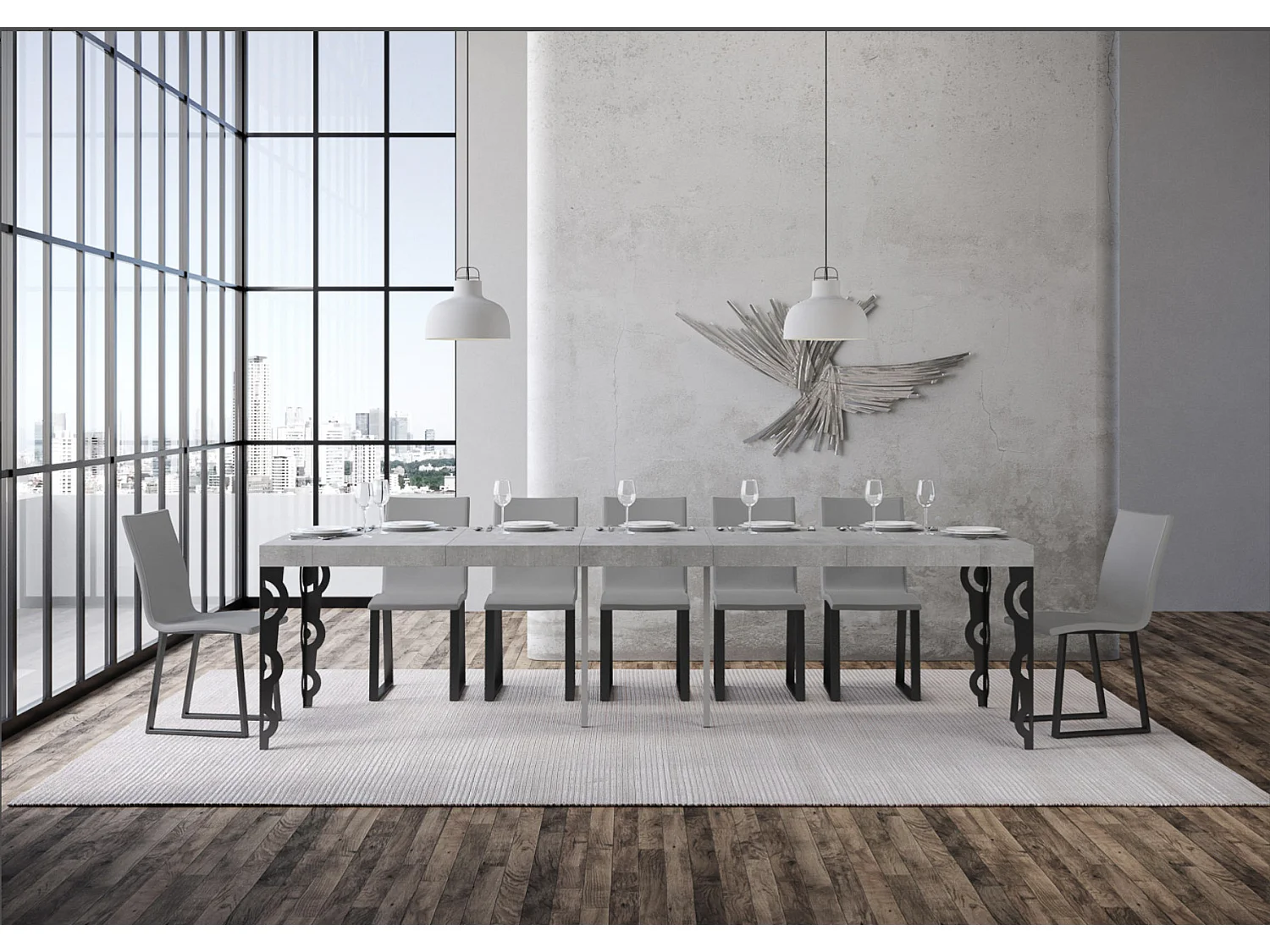 Console extensible style oriental Agadir-Couleur Gris ciment-4 pieds-5 rallonges épaisses