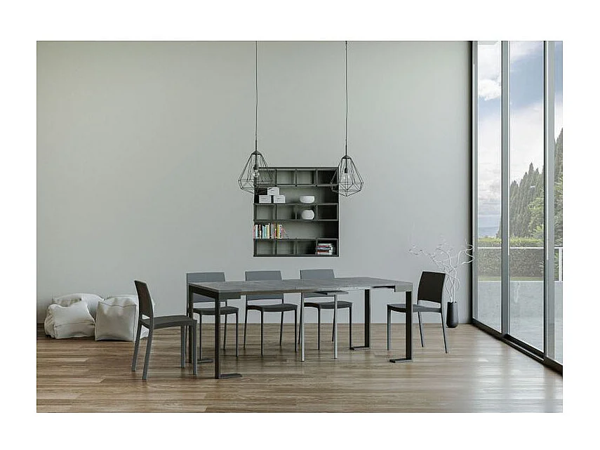 Console extensible bois et acier Tiroz evolution-Couleur Gris ciment-Sur roulettes-3 rallonges