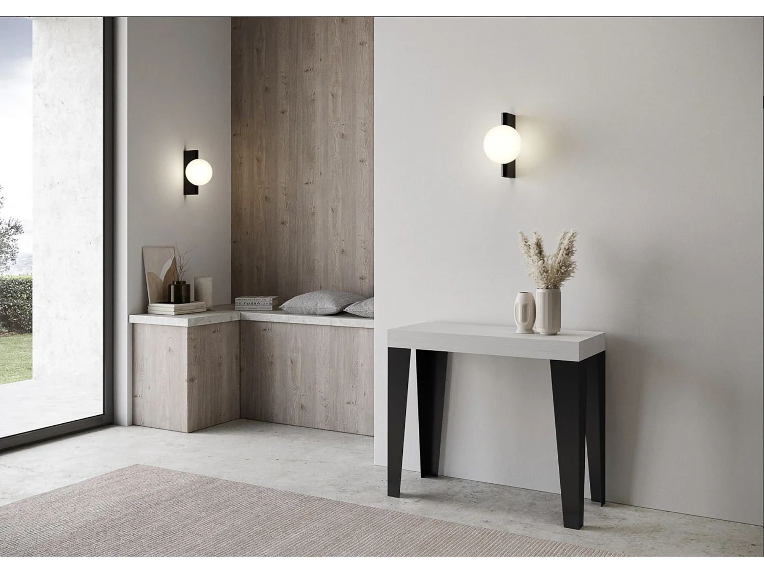 Console extensible design bois et acier mat Flavio-Couleur Gris ciment-4 pieds-3 rallonges fines