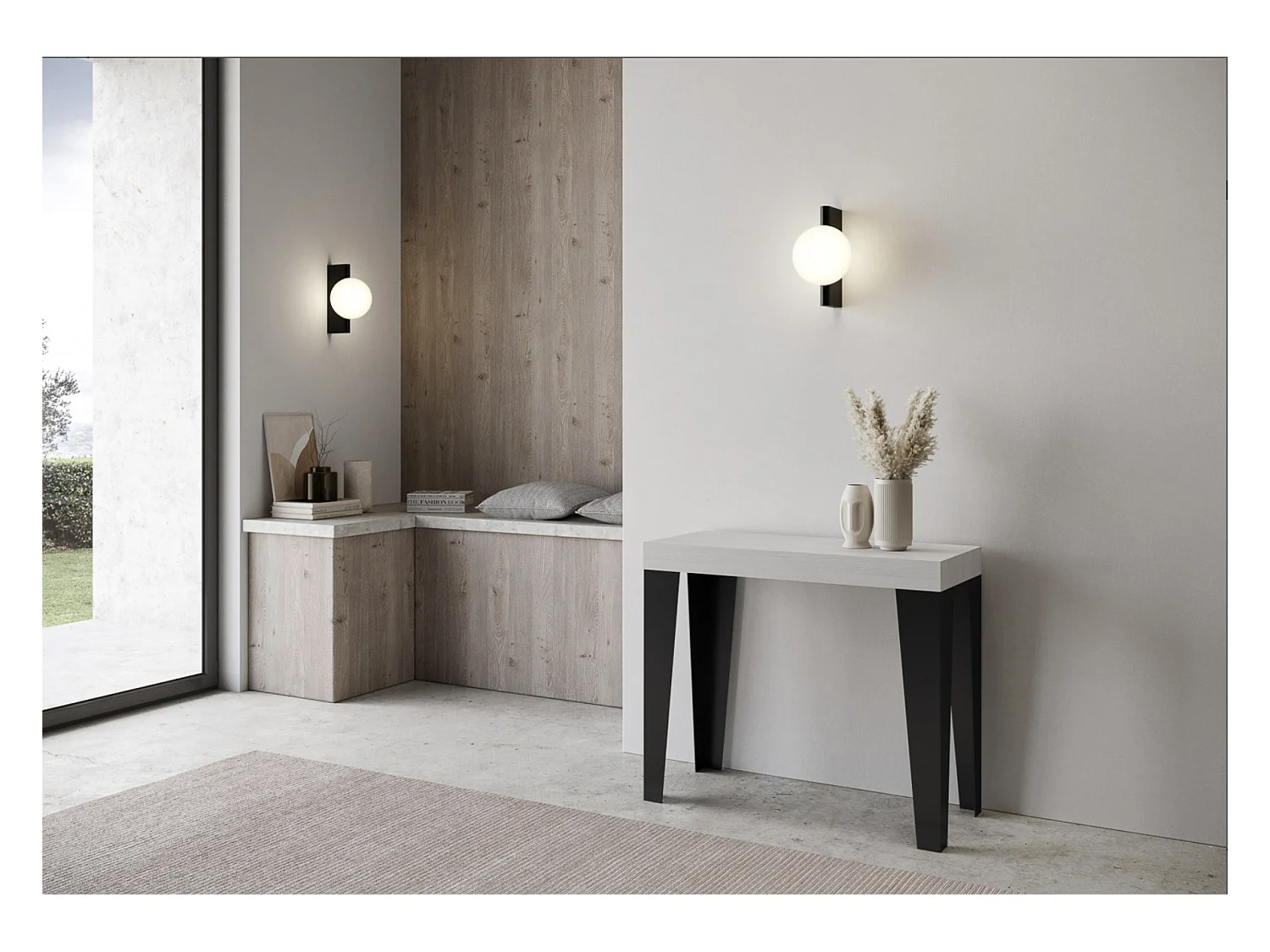 Console extensible design bois et acier mat Flavio-Couleur Gris ciment-4 pieds-3 rallonges fines