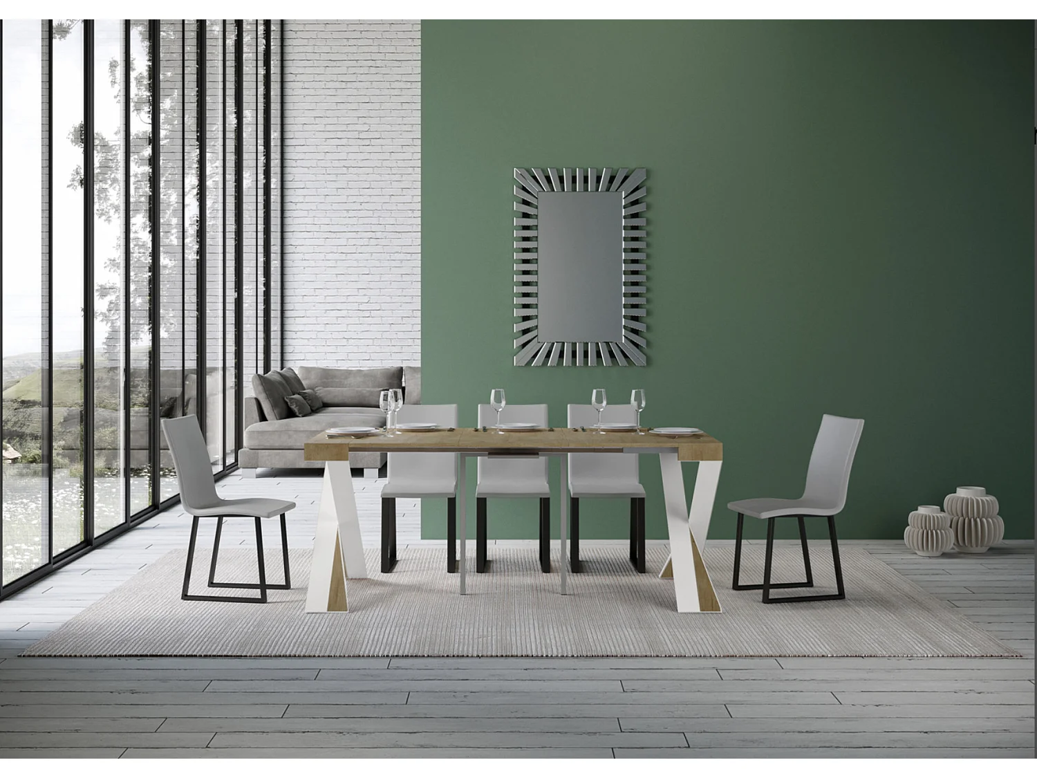 Consola extensible de diseño en madera Diago 90x40/196 o 90x40/300-Color Natural-Base y soporte con ruedas-5 alargaderas finas