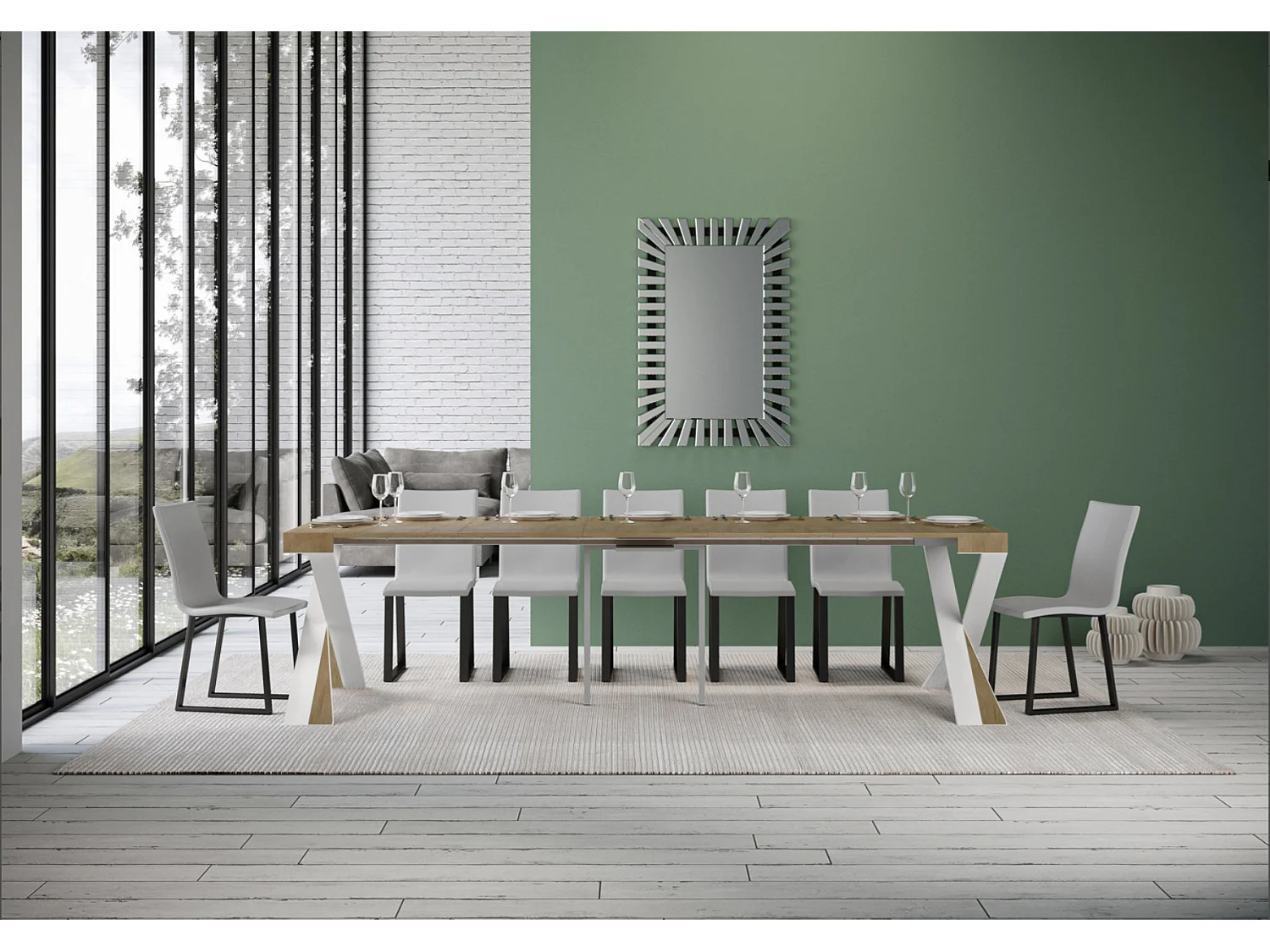 Consola extensible de diseño en madera Diago 90x40/196 o 90x40/300-Color Natural-Base y soporte con ruedas-5 alargaderas finas