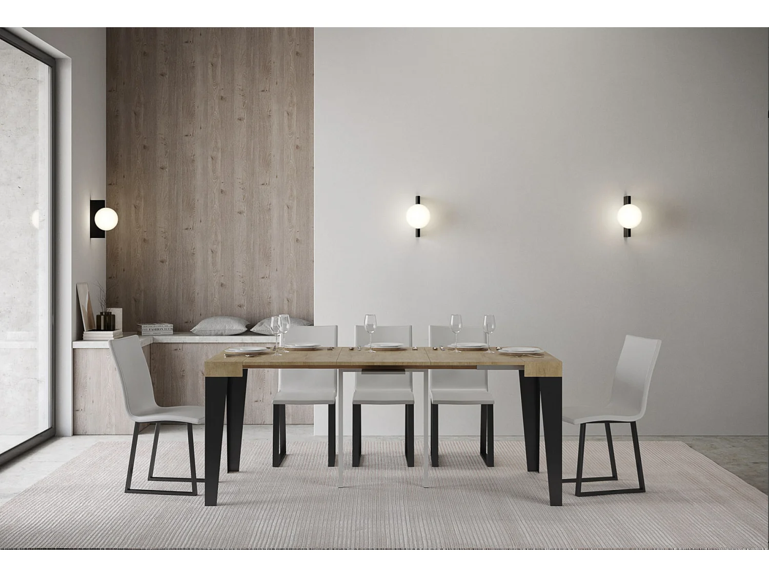 Flavio hout en ijzeren design uitschuifbare console 90x40/196 of 90x40/300 cm-Kleur Natuurlijk-Voet en steun op zwenkwielen-Verlengsnoeren 3 dunne verlengingen