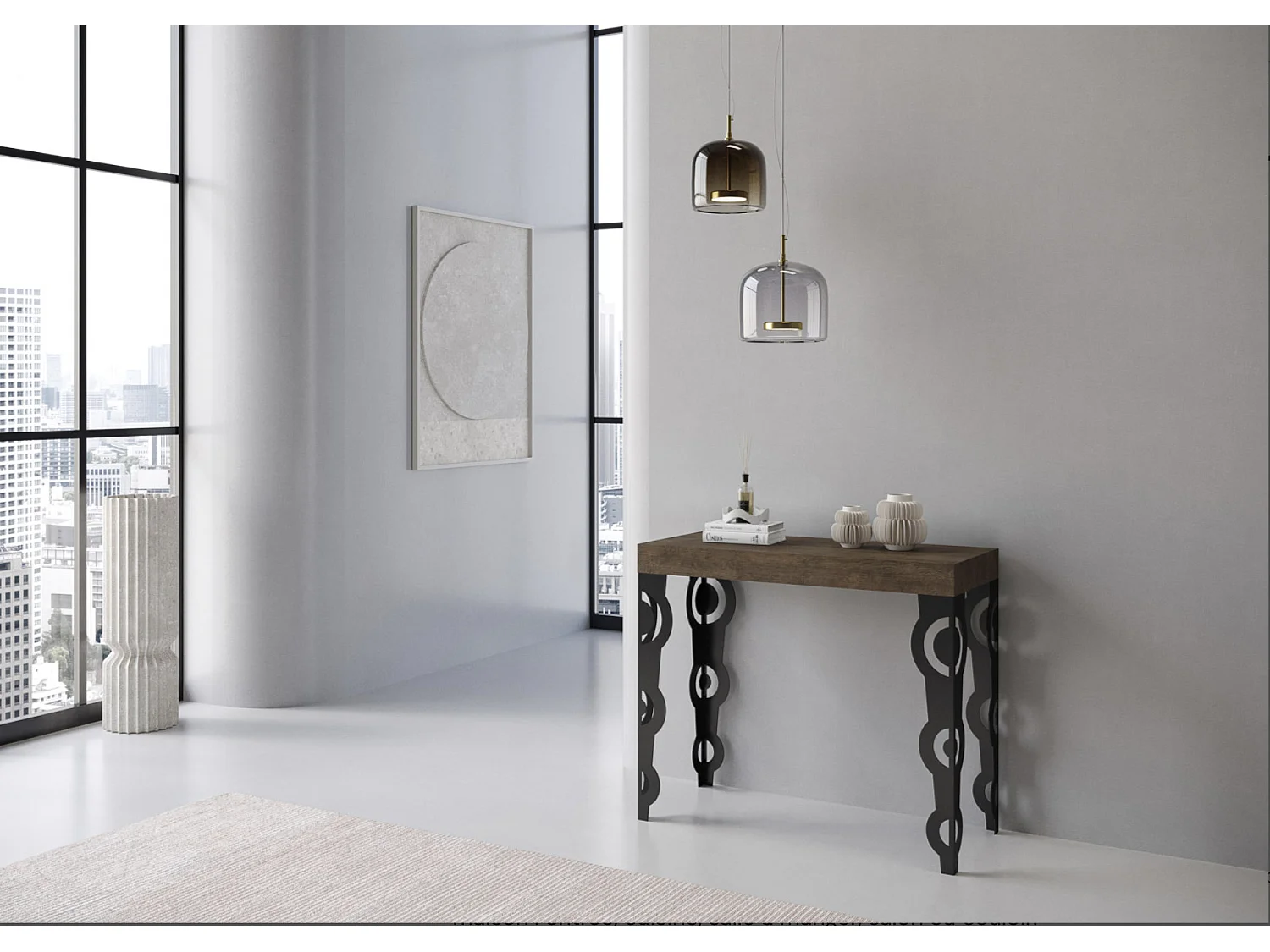 Console extensible style oriental Agadir-Couleur Marron-Sur roulettes-3 rallonges fines