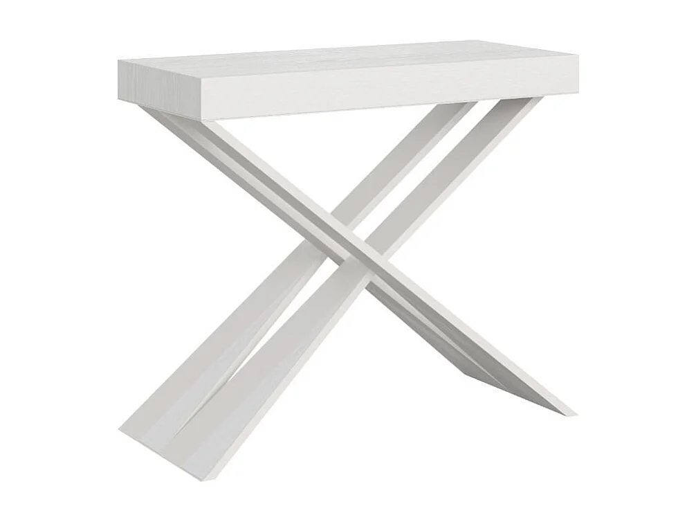 Console extensible bois pieds croisés blanc Diago-Couleur Blanc-4 pieds-5 rallonges fines