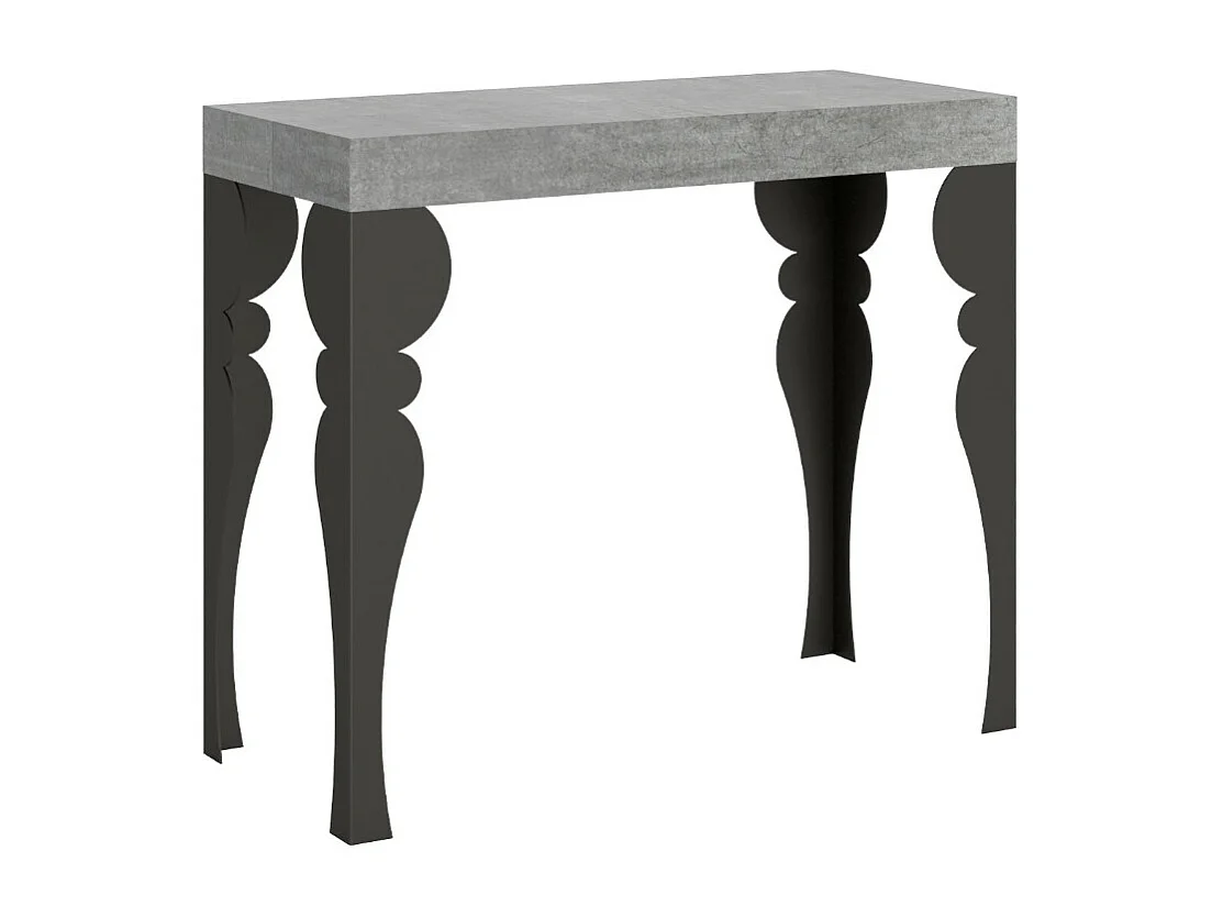 Console extensible style oriental Torza-Couleur Gris ciment-Sur roulettes-3 rallonges fines