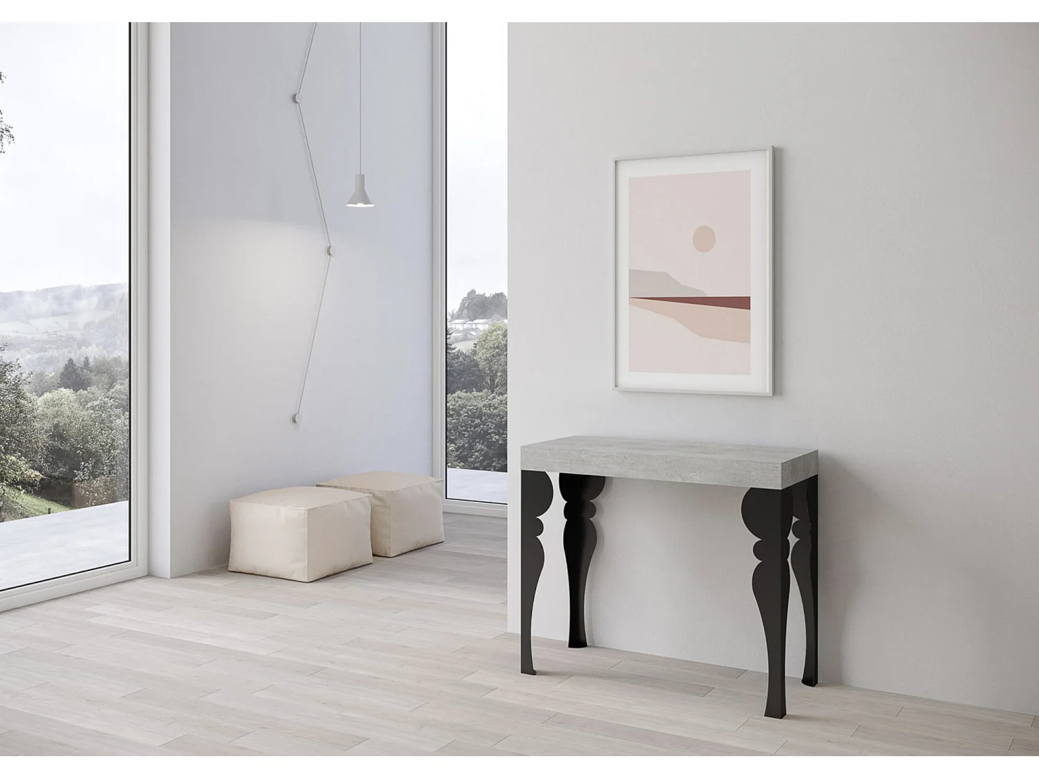 Console extensible style oriental Torza-Couleur Gris ciment-Sur roulettes-3 rallonges fines