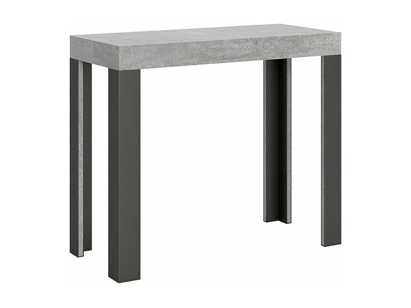 Console extensible bois avec 4 pieds bois et acier anthracite Liva-Couleur Gris ciment-Sur roulettes-5 rallonges