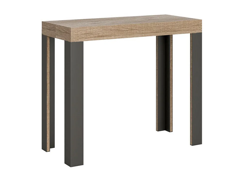 Console extensible bois avec 4 pieds bois et acier anthracite Liva-Couleur Gris ciment-Sur roulettes-5 rallonges