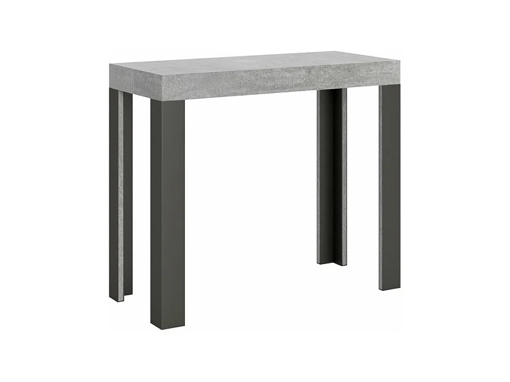 Console extensible bois avec 4 pieds bois et acier anthracite Liva-Couleur Gris ciment-Sur roulettes-5 rallonges