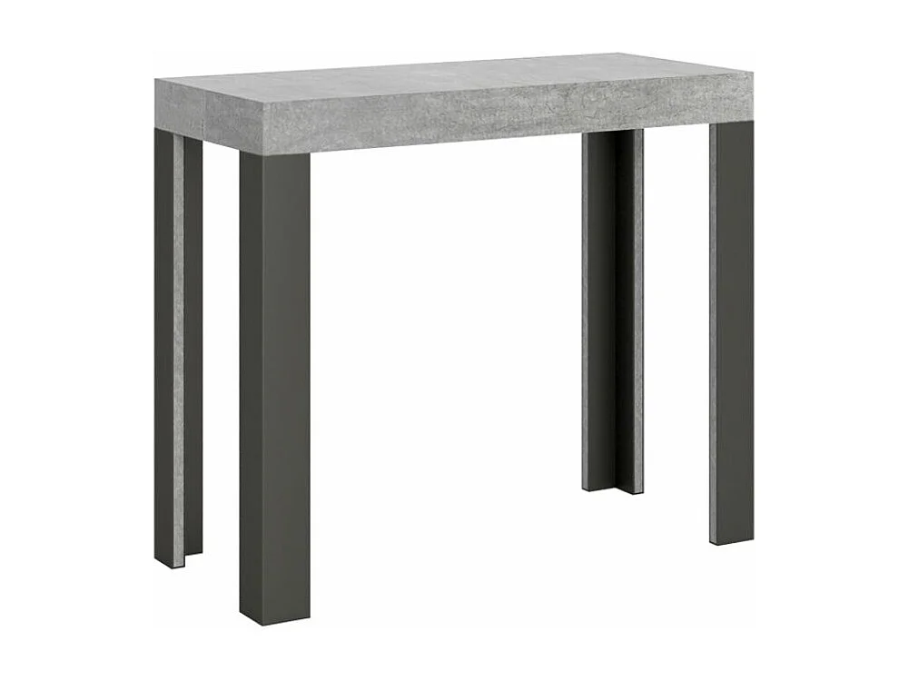 Console extensible bois avec 4 pieds bois et acier anthracite Liva-Couleur Gris ciment-Sur roulettes-5 rallonges
