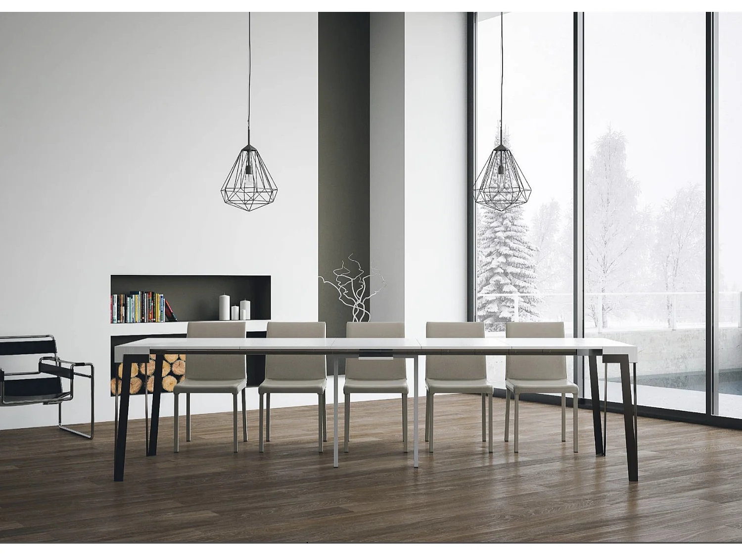 Console extensible design bois et acier anthracite Konta-Couleur Blanc-Sur roulettes-5 rallonges fines
