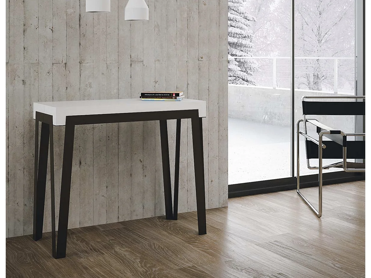 Console extensible design bois et acier anthracite Konta-Couleur Blanc-Sur roulettes-5 rallonges fines