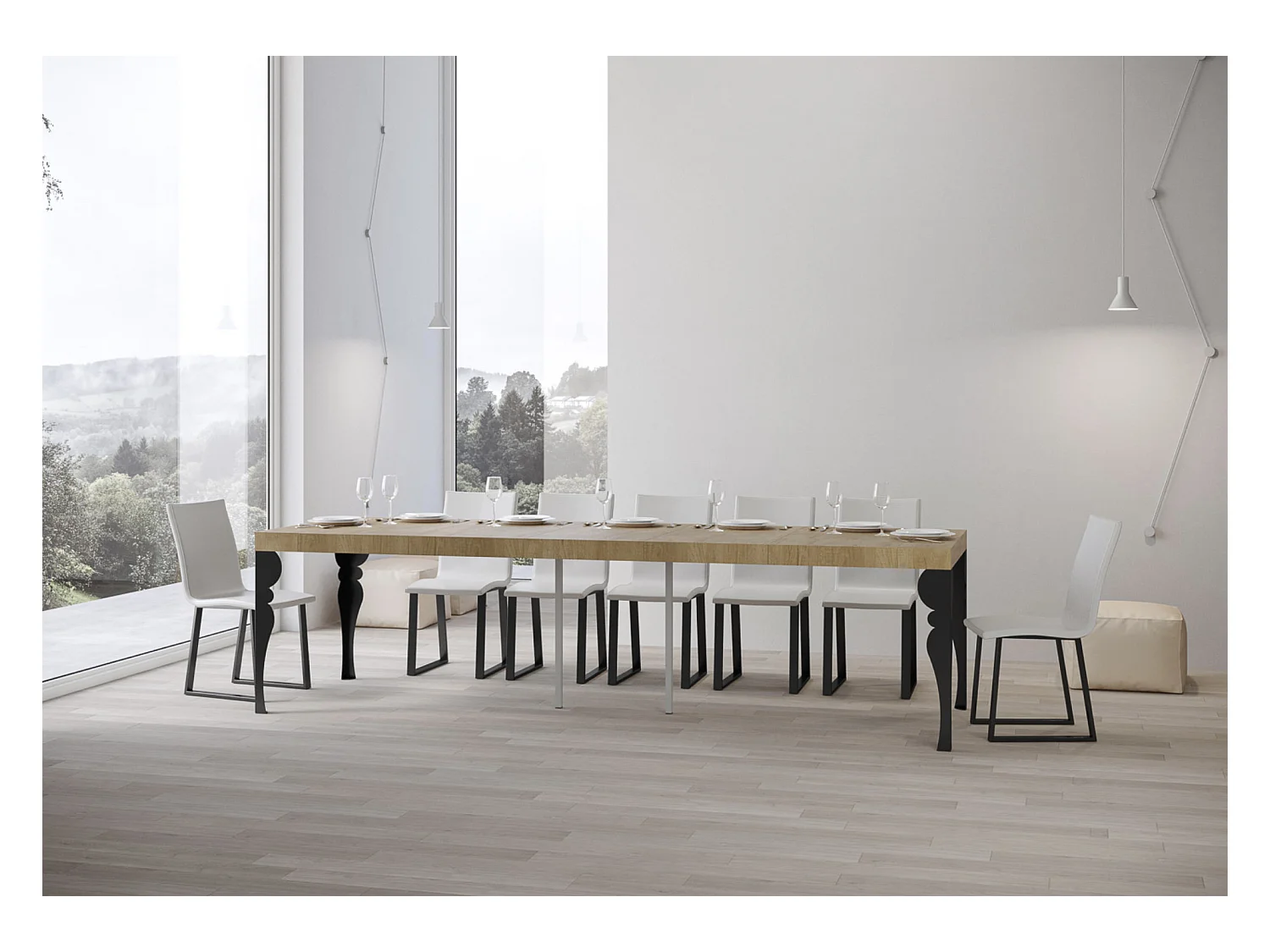 Console extensible style oriental Torza-Couleur Gris ciment-4 pieds-5 rallonges épaisses