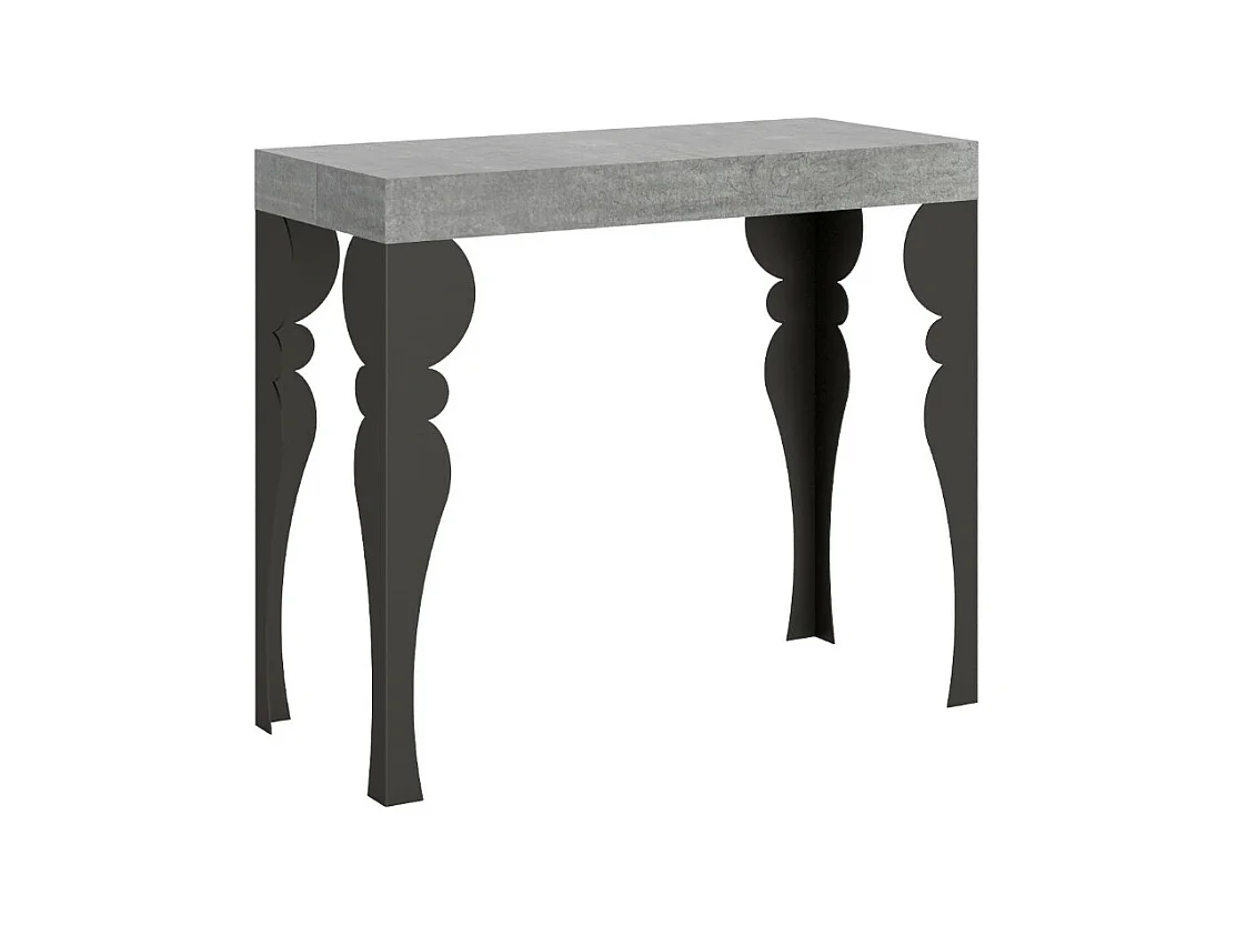 Console extensible style oriental Torza-Couleur Gris ciment-4 pieds-5 rallonges épaisses