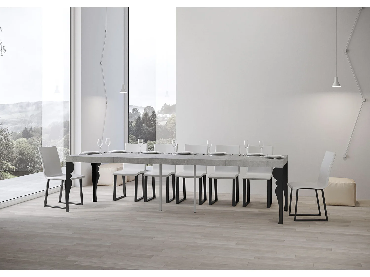 Console extensible style oriental Torza-Couleur Gris ciment-4 pieds-5 rallonges épaisses