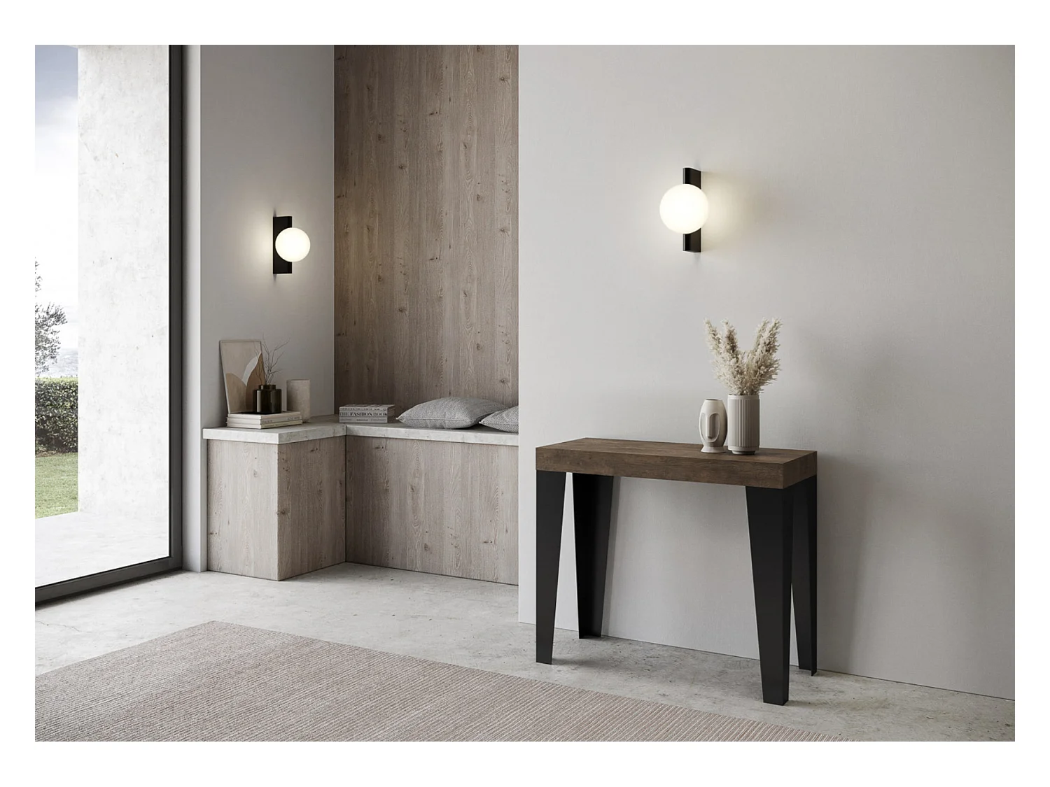 Consola extensible diseño Flavio en madera y hierro 90x40/196 o 90x40/300 cm-Color Marrón-Base y soporte con ruedas-5 alargaderas finas