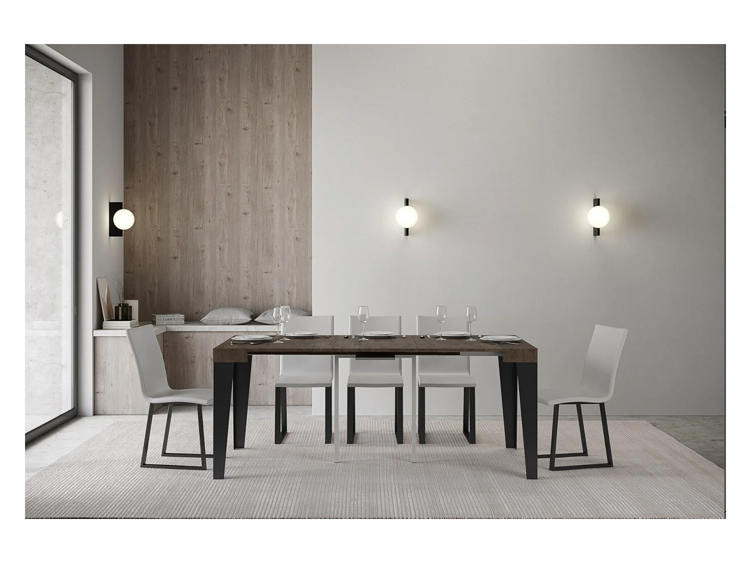 Consola extensible diseño Flavio en madera y hierro 90x40/196 o 90x40/300 cm-Color Marrón-Base y soporte con ruedas-5 alargaderas finas