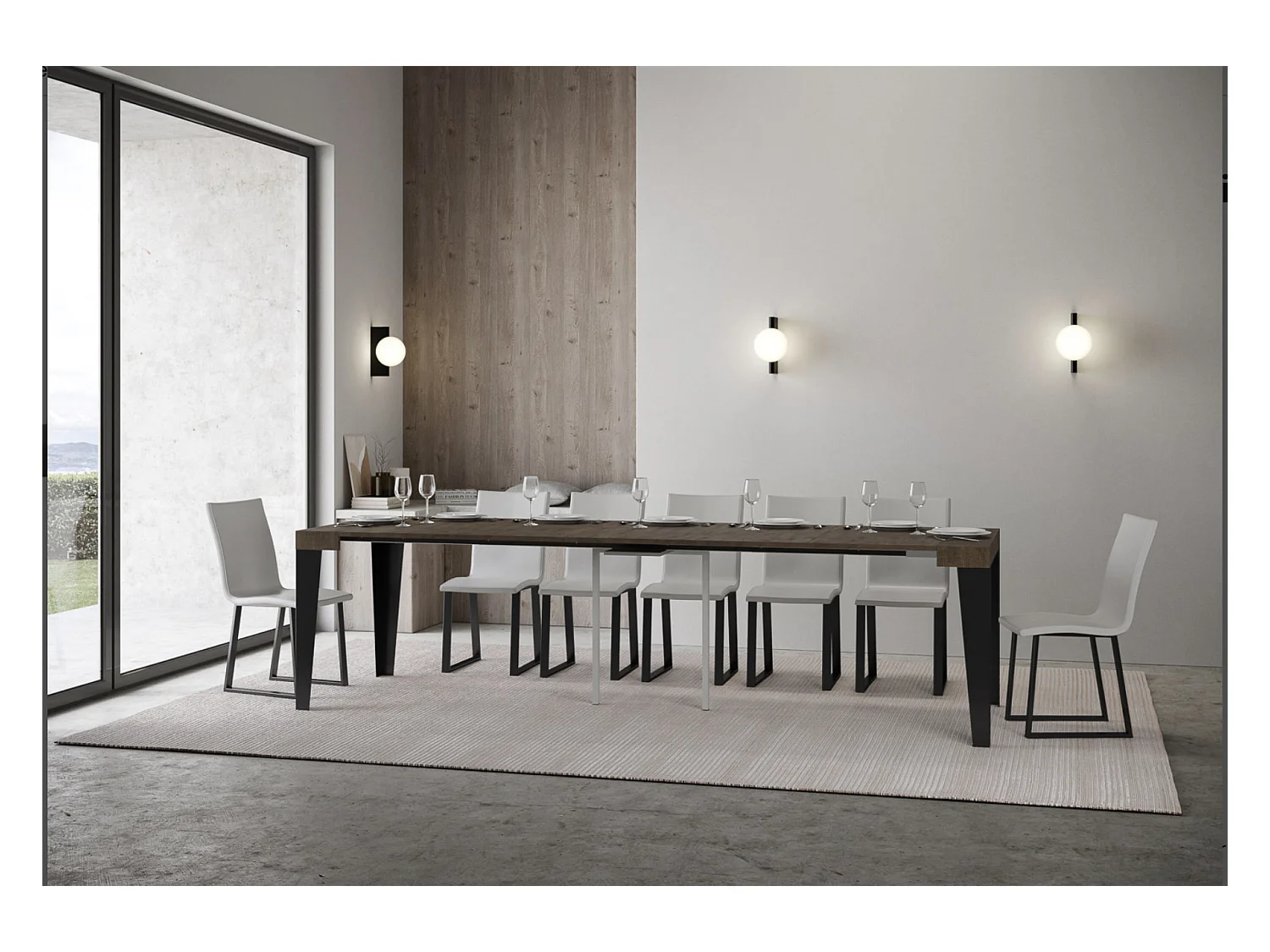 Consola extensible diseño Flavio en madera y hierro 90x40/196 o 90x40/300 cm-Color Marrón-Base y soporte con ruedas-5 alargaderas finas