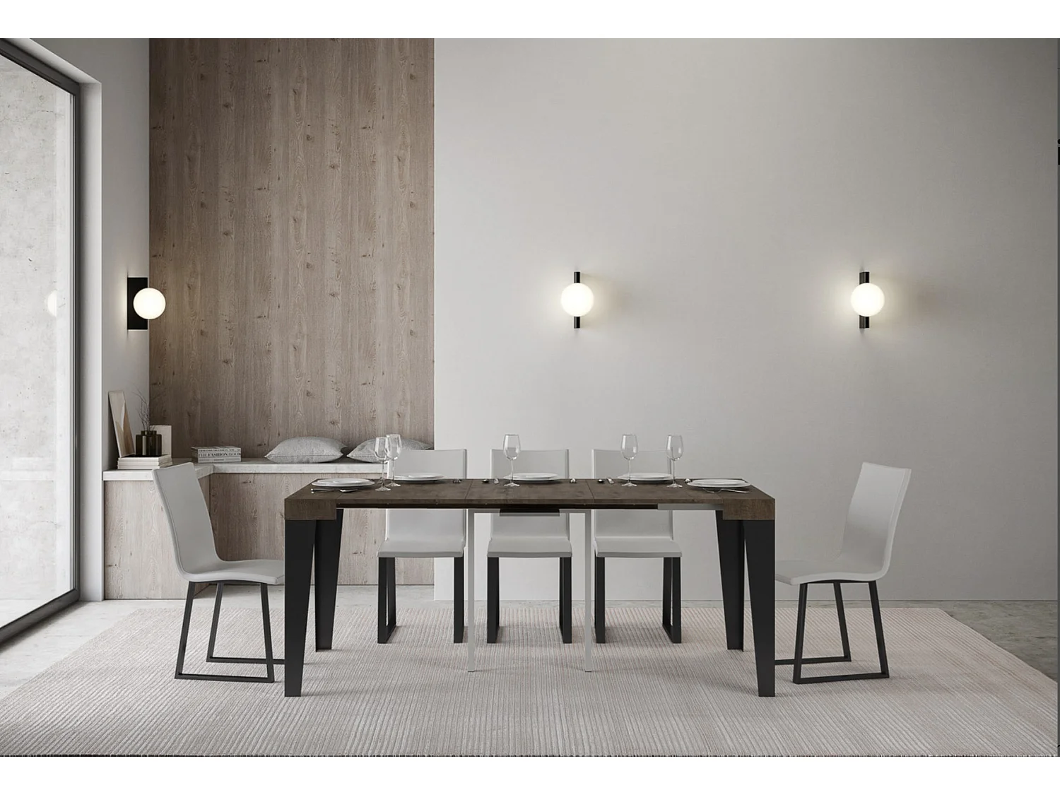 Consola extensible diseño Flavio en madera y hierro 90x40/196 o 90x40/300 cm-Color Marrón-Base y soporte con ruedas-5 alargaderas finas