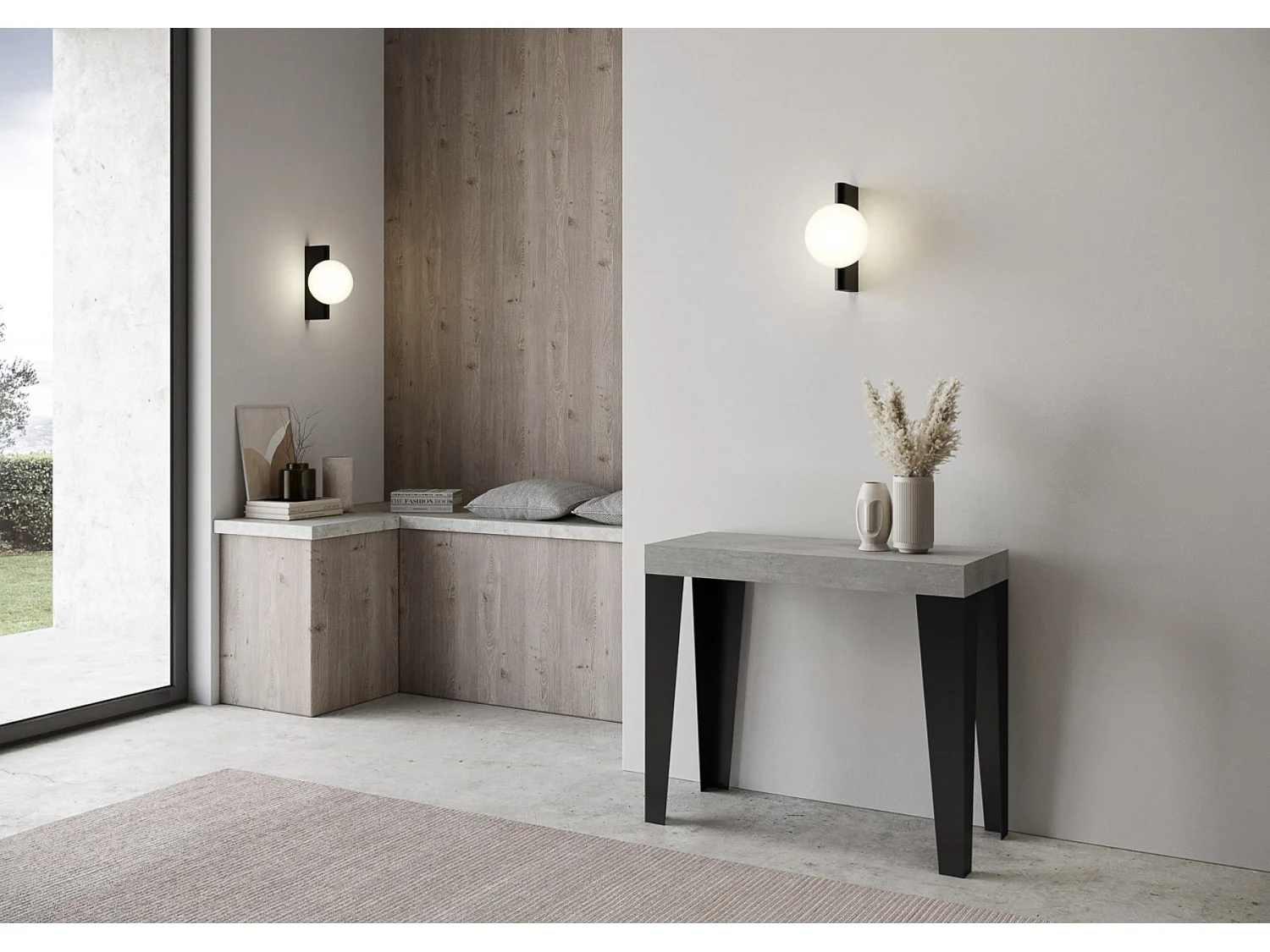 Console extensible design bois et acier mat Flavio-Couleur Gris ciment-Sur roulettes-5 rallonges fines