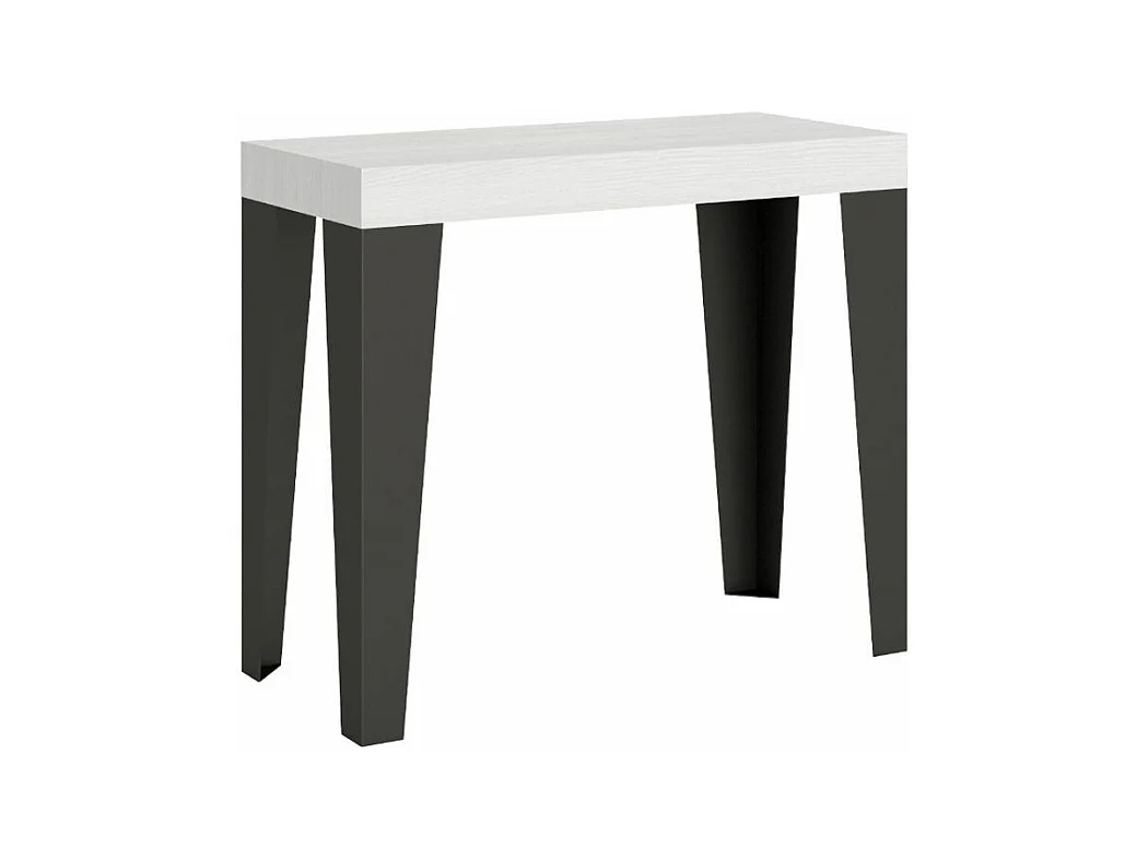 Console extensible design bois et acier mat Flavio-Couleur Gris ciment-Sur roulettes-5 rallonges fines