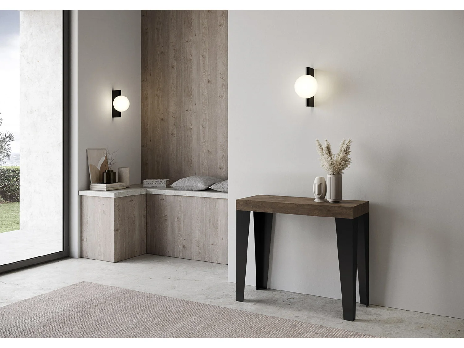 Console extensible design bois et acier mat Flavio-Couleur Marron-4 pieds-3 rallonges fines