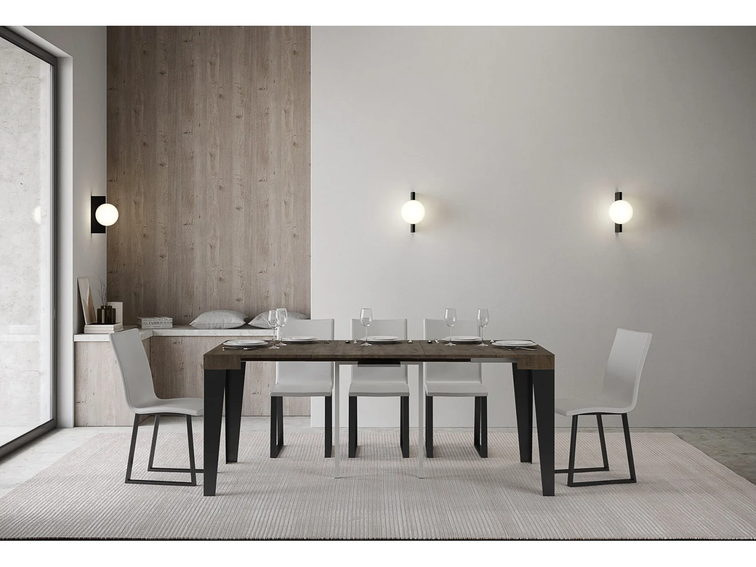 Console extensible design bois et acier mat Flavio-Couleur Marron-4 pieds-3 rallonges fines